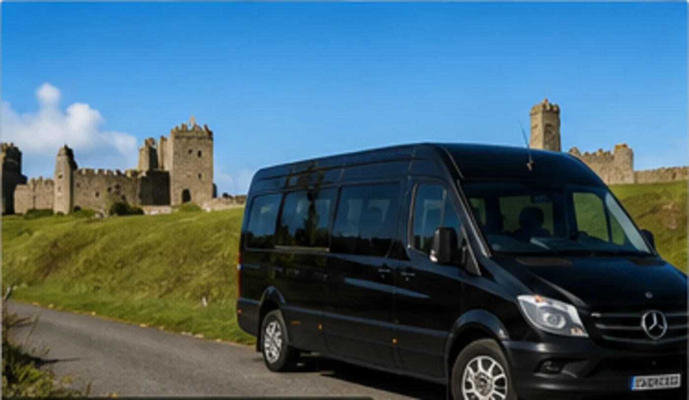 Illustrative minivan travelling through the Irish countryside