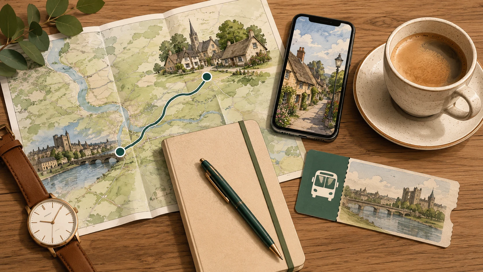 Illustrative map and travel items for planning an Adare half-day trip