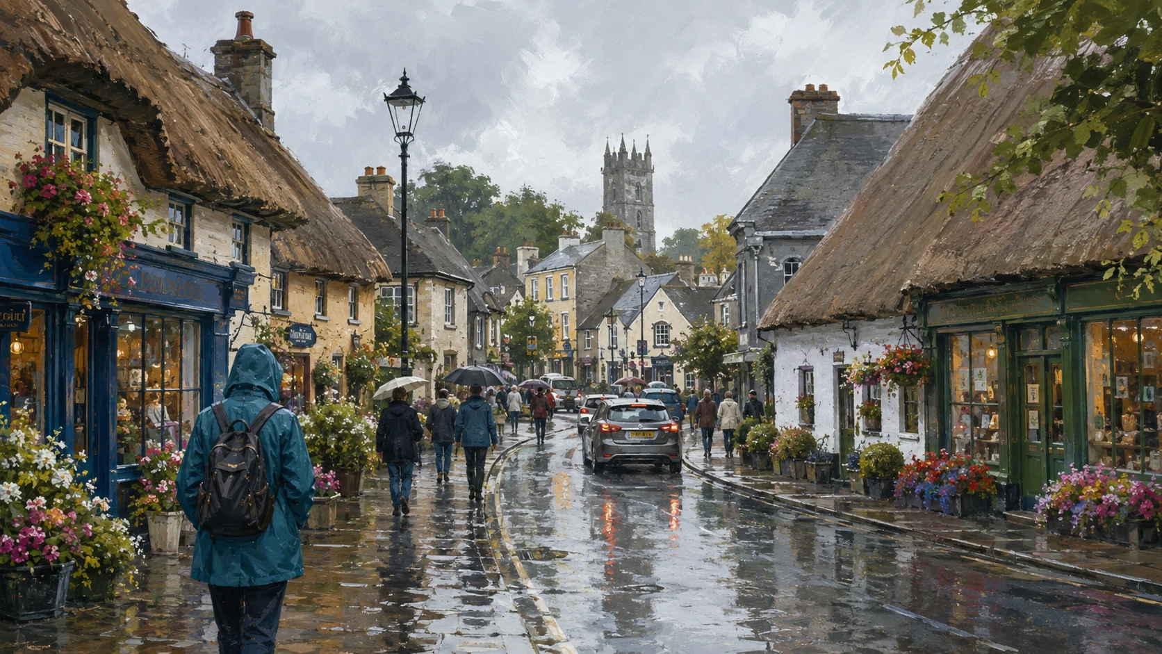 Illustrative traveller walking through an Irish village in the rain