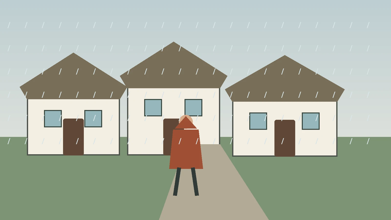 Illustrative visitor walking through a living-history park in light rain