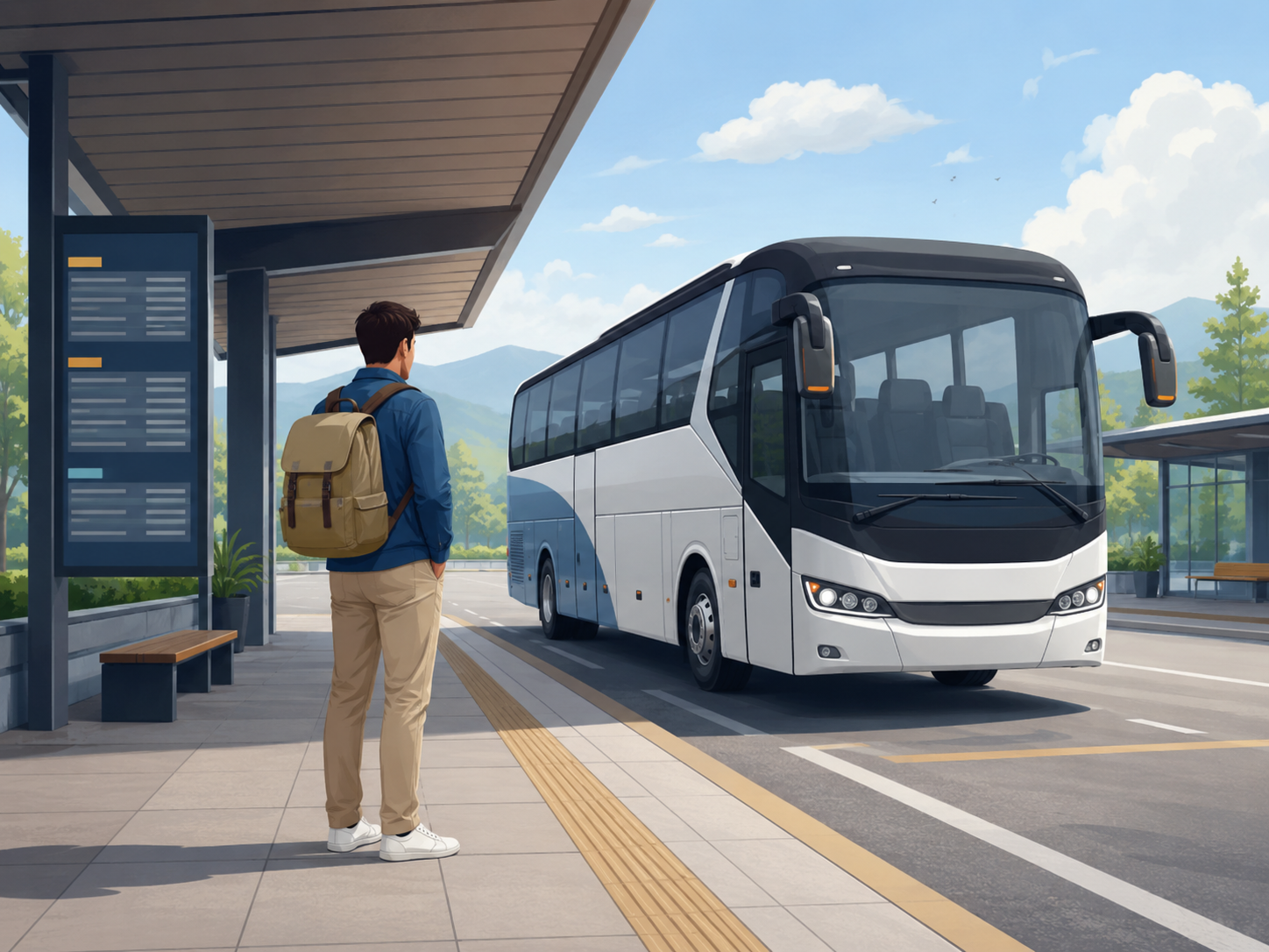Illustrated traveller waiting beside a coach at a bus station