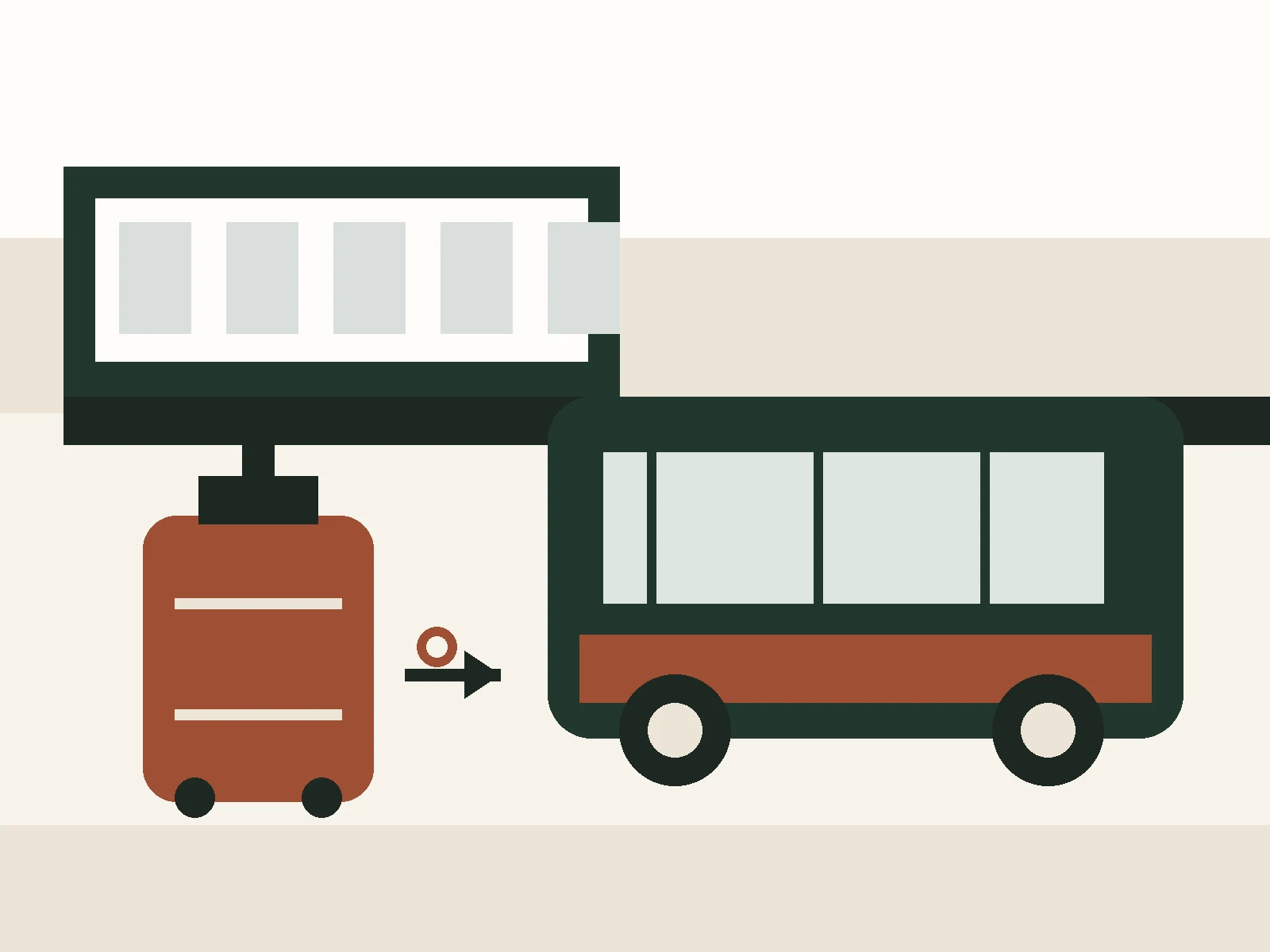 Generic editorial illustration of airport bus travel with luggage